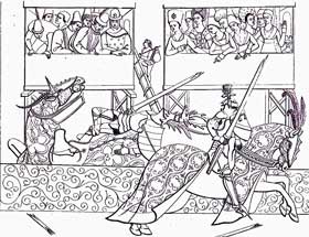 Medieval Knights-Jousting Scene-15th Century.  The Barrier Which Parted The Lists Is Clearly Shown